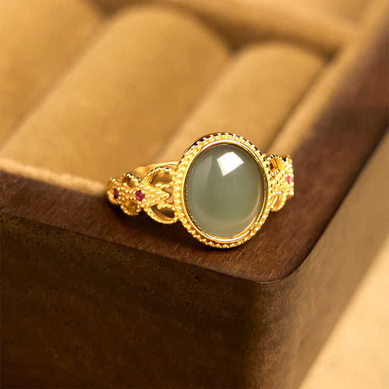 Nimara Ritual Natural 925 Sterling Silver Plated Gold Hollow Design Jade Luck Ring