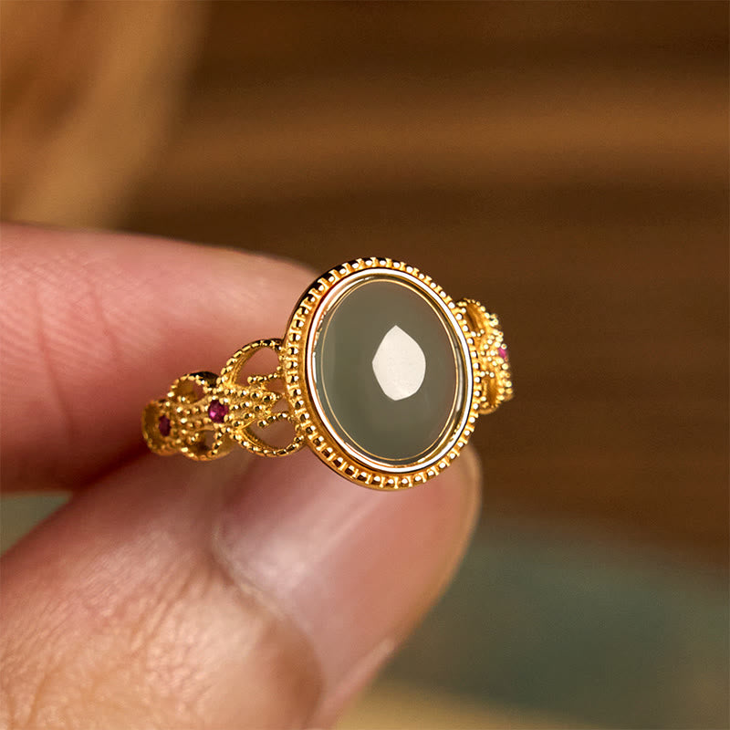 Nimara Ritual Natural 925 Sterling Silver Plated Gold Hollow Design Jade Luck Ring