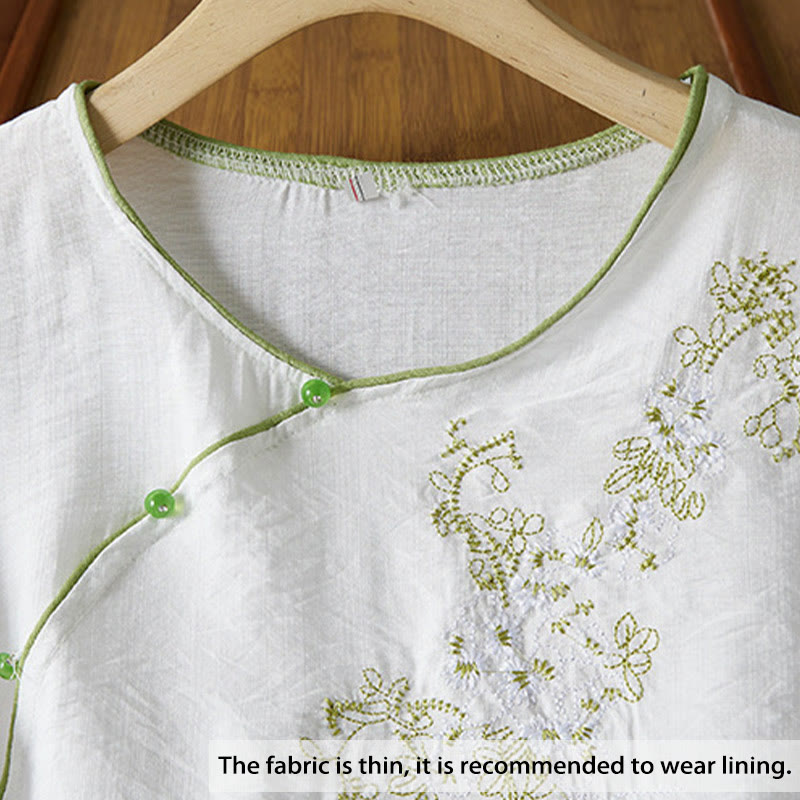 Nimara Ritual Casual Women's Flowers Embroidery Pattern Frog-button Slanted Collar Design Three Quarter Sleeve Cotton Linen Shirt