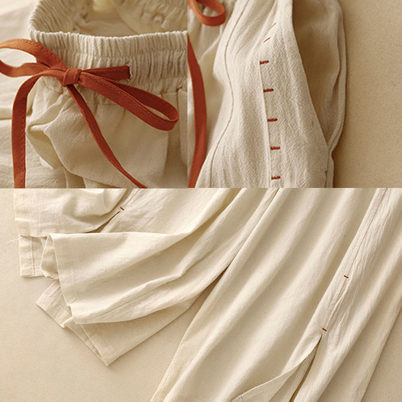 Nimara Ritual Casual Side Slits Design Cotton Women's Wide Leg 7-8 Length Pants With Pockets