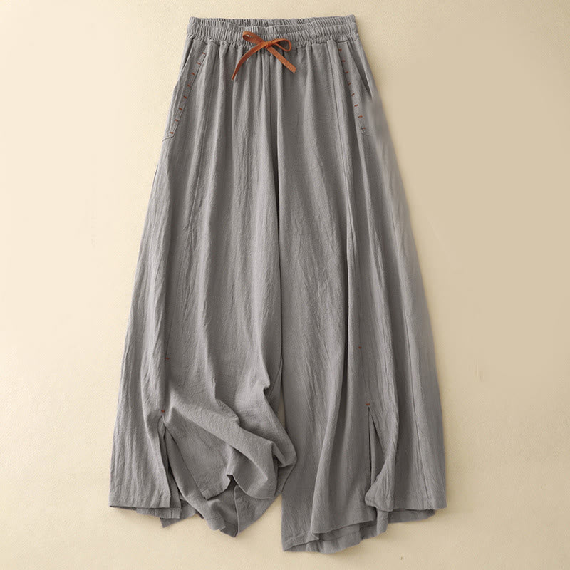Nimara Ritual Casual Side Slits Design Cotton Women's Wide Leg 7-8 Length Pants With Pockets