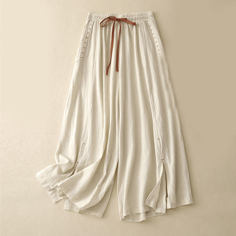 Nimara Ritual Casual Side Slits Design Cotton Women's Wide Leg 7-8 Length Pants With Pockets