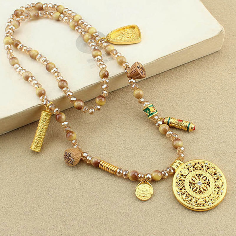 Nimara Ritual Tibetan Lotus Round Plate Golden Tiger Eye Beads Necklace Pendant
