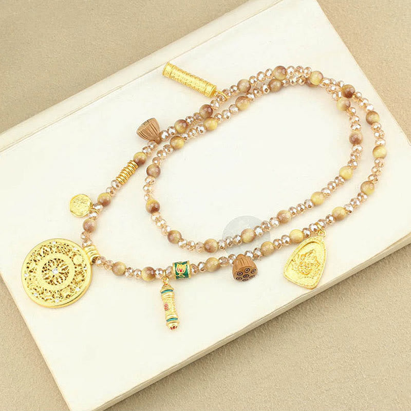 Nimara Ritual Tibetan Lotus Round Plate Golden Tiger Eye Beads Necklace Pendant