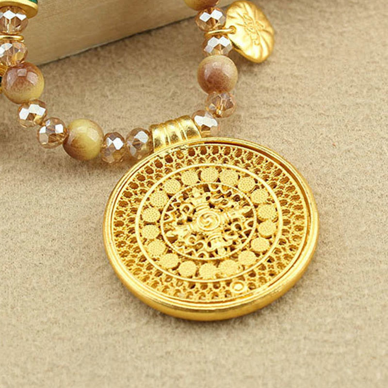 Nimara Ritual Tibetan Lotus Round Plate Golden Tiger Eye Beads Necklace Pendant