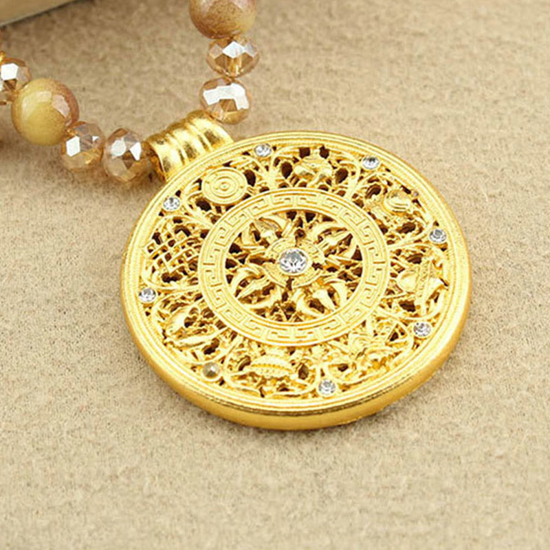 Nimara Ritual Tibetan Lotus Round Plate Golden Tiger Eye Beads Necklace Pendant