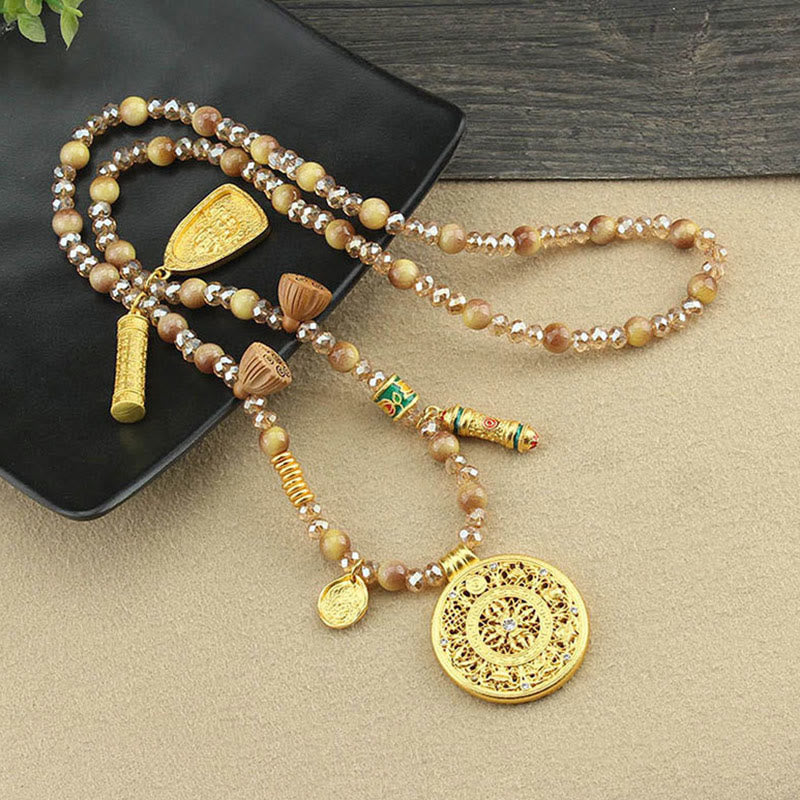 Nimara Ritual Tibetan Lotus Round Plate Golden Tiger Eye Beads Necklace Pendant