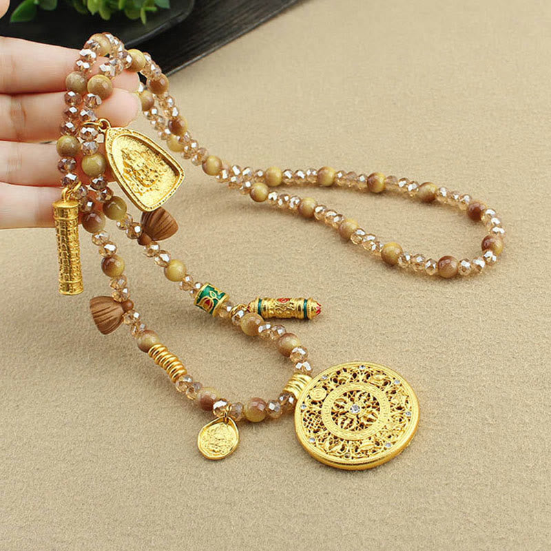 Nimara Ritual Tibetan Lotus Round Plate Golden Tiger Eye Beads Necklace Pendant