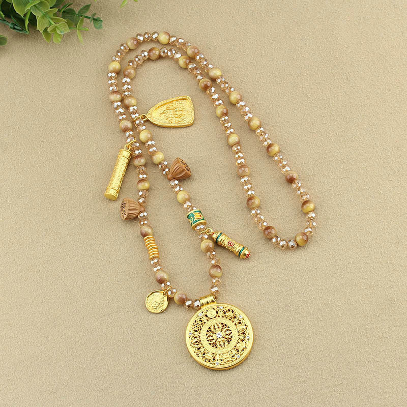 Nimara Ritual Tibetan Lotus Round Plate Golden Tiger Eye Beads Necklace Pendant