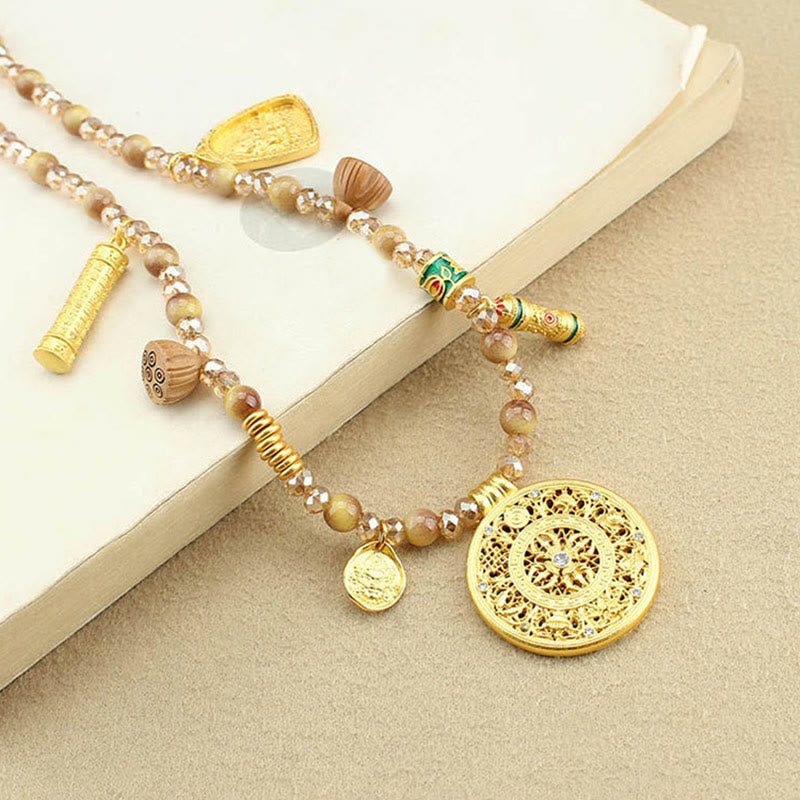 Nimara Ritual Tibetan Lotus Round Plate Golden Tiger Eye Beads Necklace Pendant
