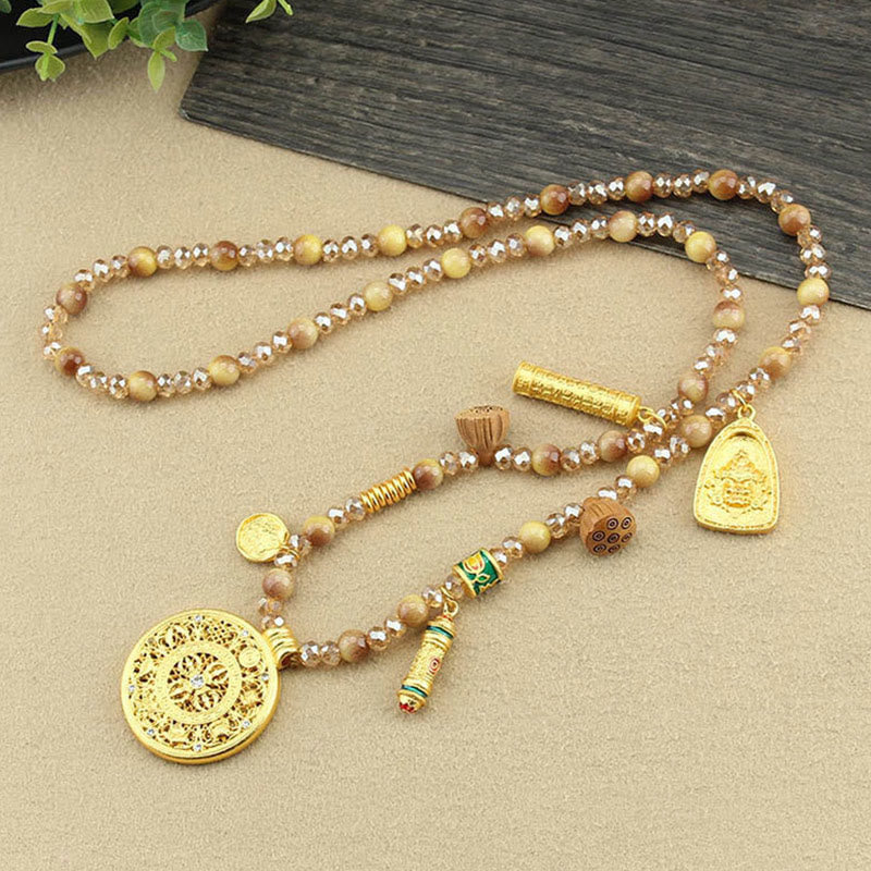 Nimara Ritual Tibetan Lotus Round Plate Golden Tiger Eye Beads Necklace Pendant