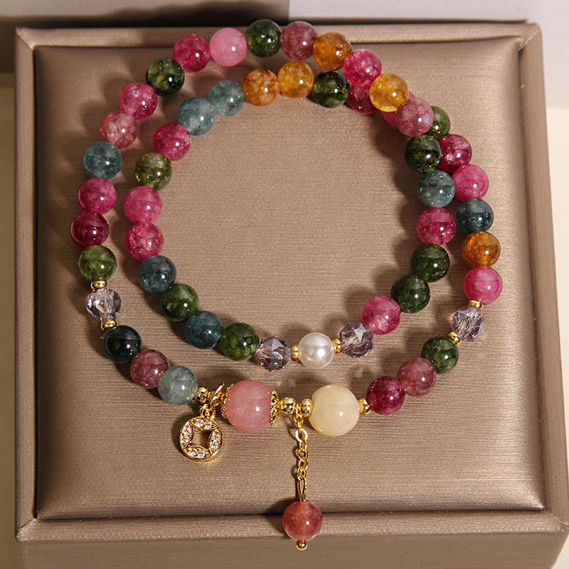 Nimara Ritual Tourmaline Purple Jade Aquamarine Jade Copper Coin Positive Double Wrap Bracelet
