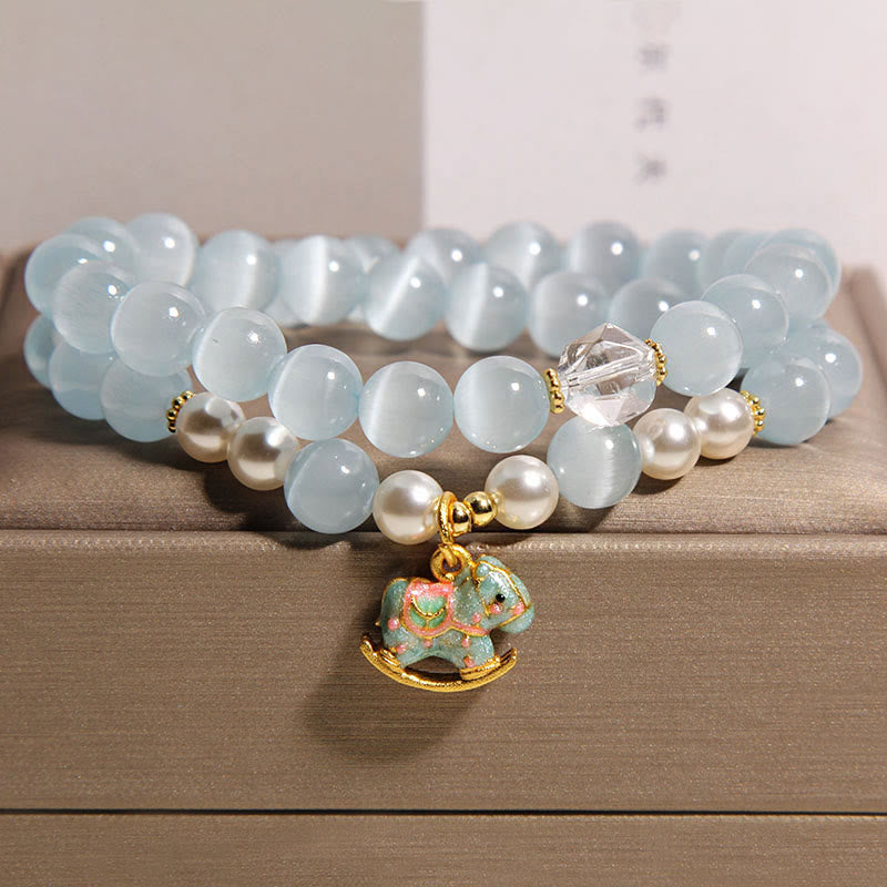 Nimara Ritual Blue Cat Eye Trojan Horse Charm Support Double Wrap Bracelet