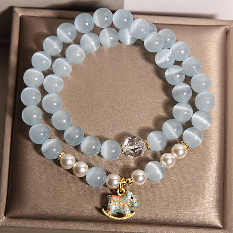 Nimara Ritual Blue Cat Eye Trojan Horse Charm Support Double Wrap Bracelet