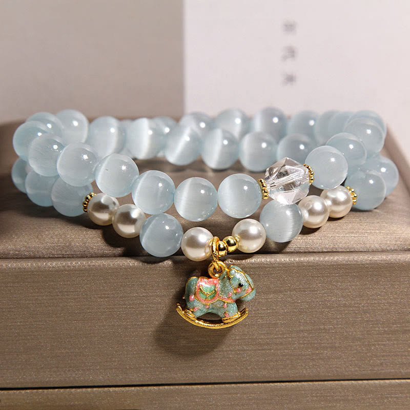 Nimara Ritual Blue Cat Eye Trojan Horse Charm Support Double Wrap Bracelet