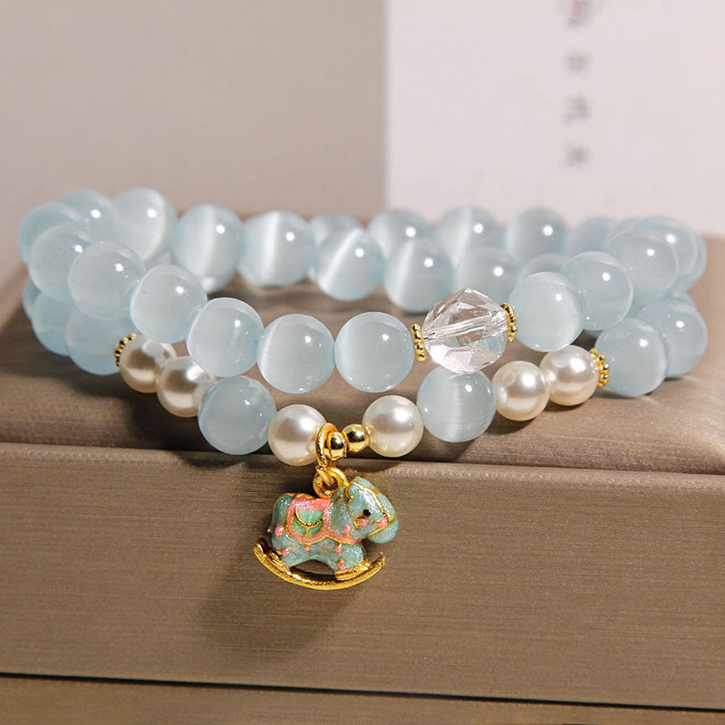 Nimara Ritual Blue Cat Eye Trojan Horse Charm Support Double Wrap Bracelet