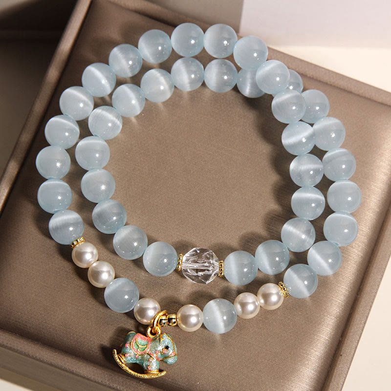 Nimara Ritual Blue Cat Eye Trojan Horse Charm Support Double Wrap Bracelet