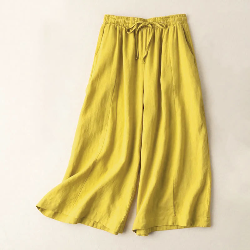 Nimara Ritual Plain Color 7-8 Length Capri Cropped Pants Cotton Linen Women's Wide Leg Pants With Pockets