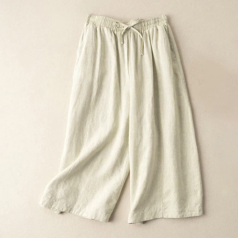Nimara Ritual Plain Color 7-8 Length Capri Cropped Pants Cotton Linen Women's Wide Leg Pants With Pockets