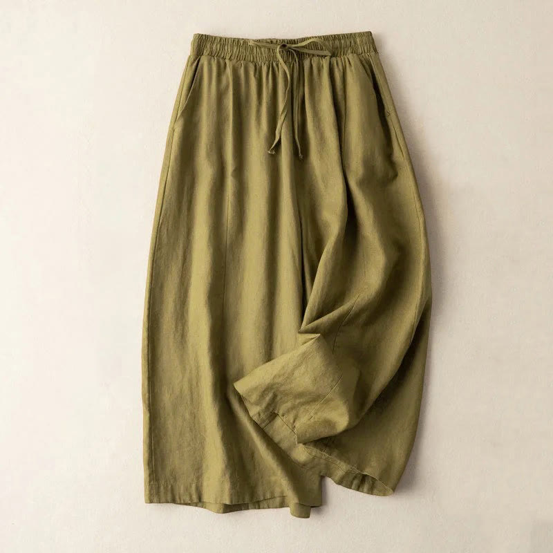Nimara Ritual Plain Color 7-8 Length Capri Cropped Pants Cotton Linen Women's Wide Leg Pants With Pockets