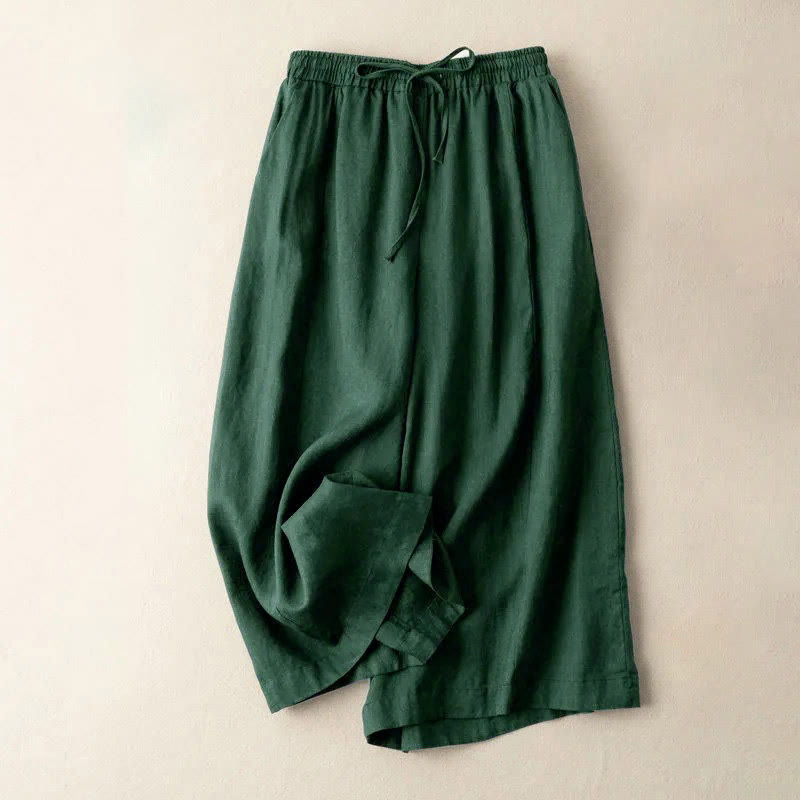 Nimara Ritual Plain Color 7-8 Length Capri Cropped Pants Cotton Linen Women's Wide Leg Pants With Pockets