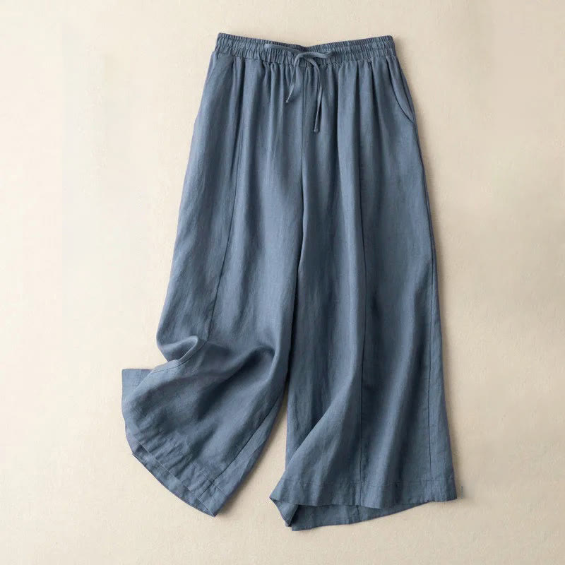 Nimara Ritual Plain Color 7-8 Length Capri Cropped Pants Cotton Linen Women's Wide Leg Pants With Pockets