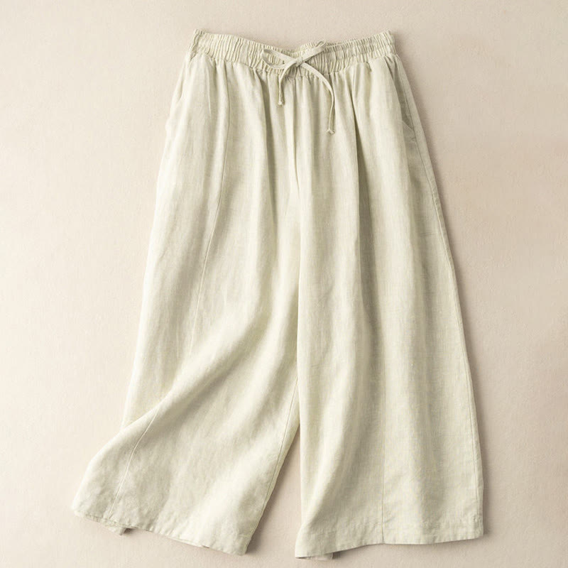 Nimara Ritual Plain Color 7-8 Length Capri Cropped Pants Cotton Linen Women's Wide Leg Pants With Pockets