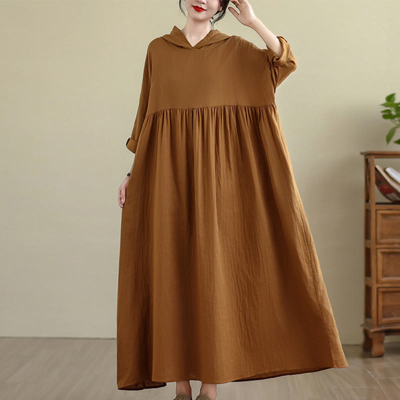 Nimara Ritual Fall Hoodie Design Long Sleeve Cotton Linen Midi Dress With Pockets
