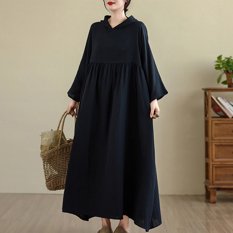 Nimara Ritual Fall Hoodie Design Long Sleeve Cotton Linen Midi Dress With Pockets