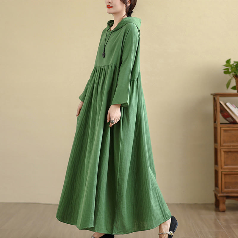 Nimara Ritual Fall Hoodie Design Long Sleeve Cotton Linen Midi Dress With Pockets