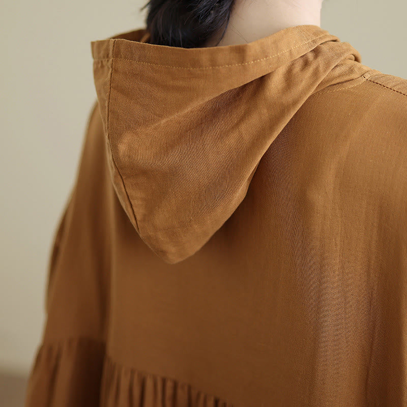 Nimara Ritual Fall Hoodie Design Long Sleeve Cotton Linen Midi Dress With Pockets