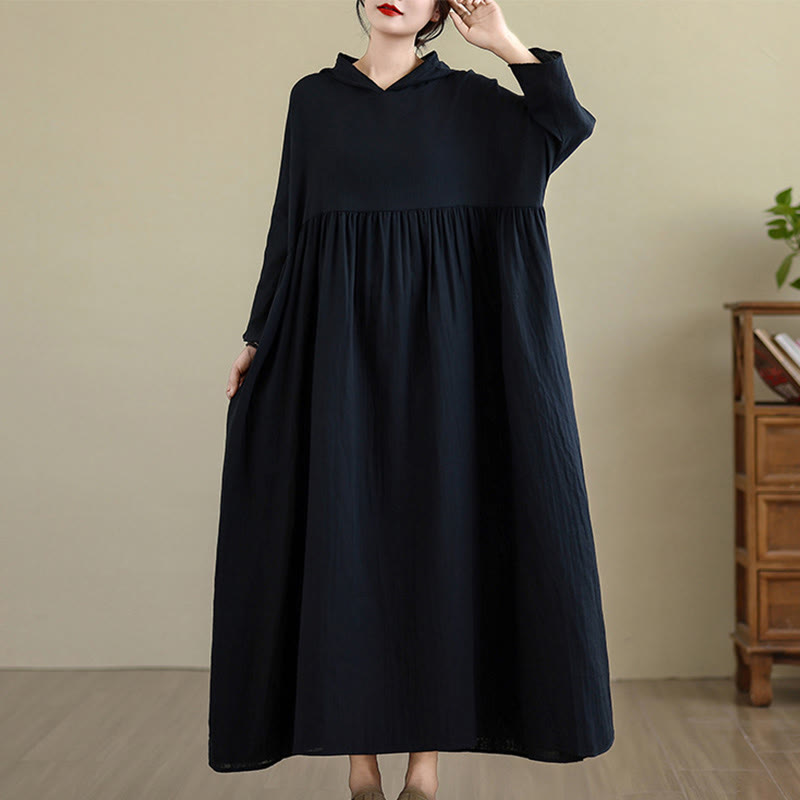 Nimara Ritual Fall Hoodie Design Long Sleeve Cotton Linen Midi Dress With Pockets