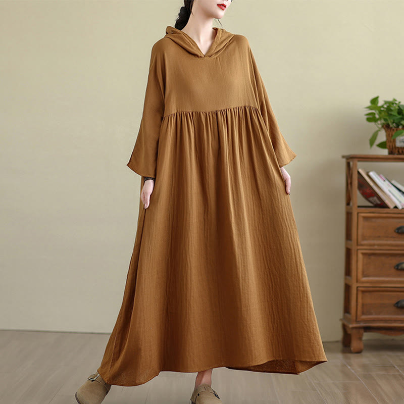Nimara Ritual Fall Hoodie Design Long Sleeve Cotton Linen Midi Dress With Pockets