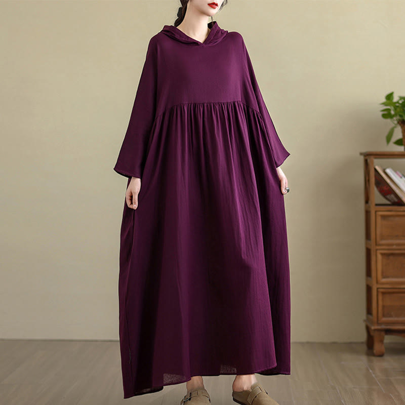 Nimara Ritual Fall Hoodie Design Long Sleeve Cotton Linen Midi Dress With Pockets