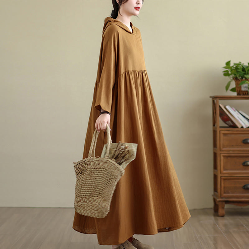 Nimara Ritual Fall Hoodie Design Long Sleeve Cotton Linen Midi Dress With Pockets