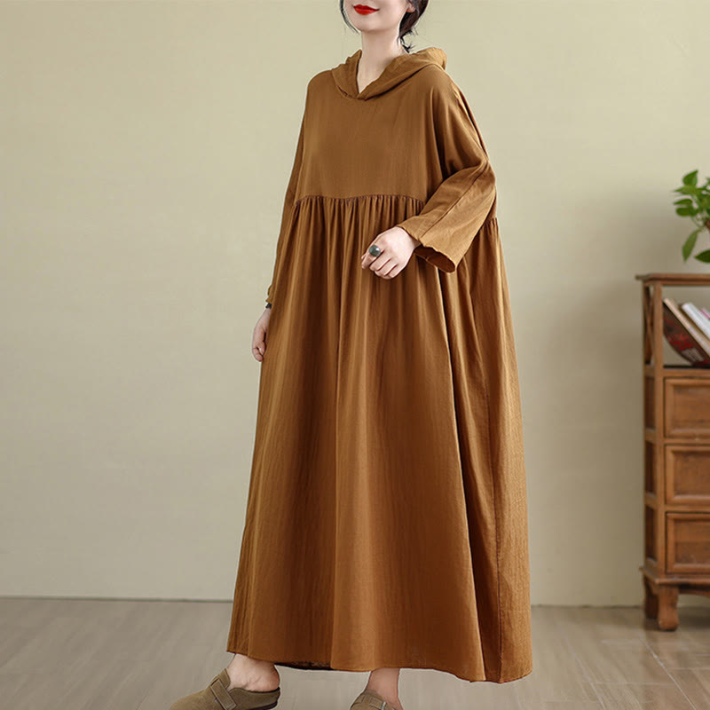 Nimara Ritual Fall Hoodie Design Long Sleeve Cotton Linen Midi Dress With Pockets