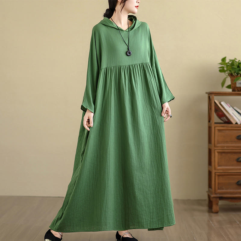 Nimara Ritual Fall Hoodie Design Long Sleeve Cotton Linen Midi Dress With Pockets