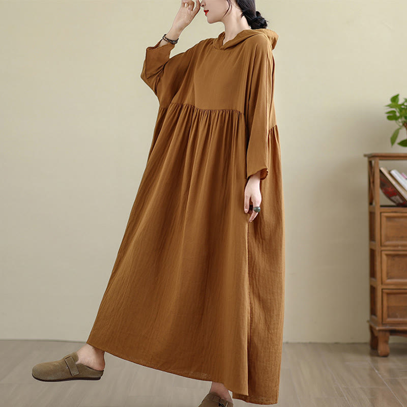 Nimara Ritual Fall Hoodie Design Long Sleeve Cotton Linen Midi Dress With Pockets