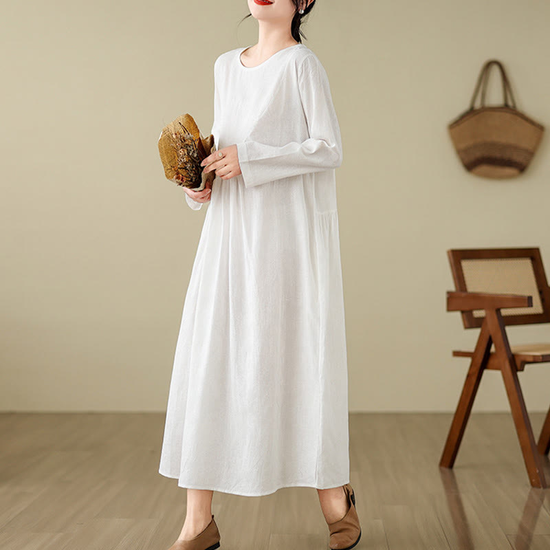 Nimara Ritual Plain Jacquard Flower Irregular Long Sleeve Cotton Linen Midi Dress With Pockets