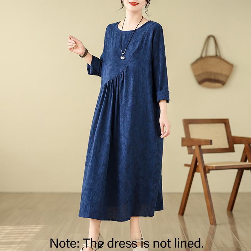 Nimara Ritual Plain Jacquard Flower Irregular Long Sleeve Cotton Linen Midi Dress With Pockets