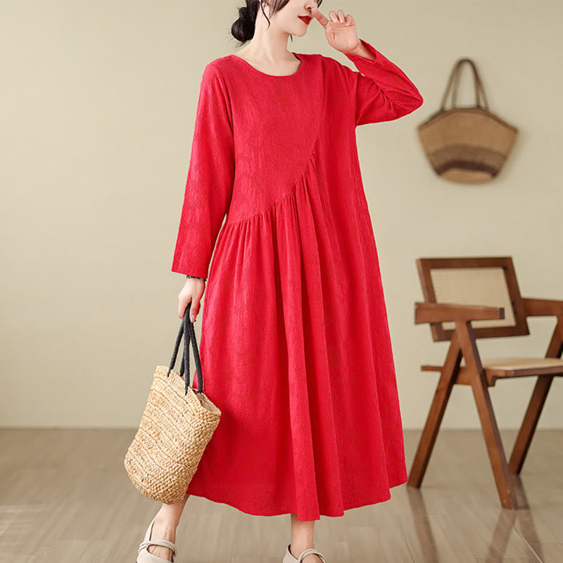 Nimara Ritual Plain Jacquard Flower Irregular Long Sleeve Cotton Linen Midi Dress With Pockets