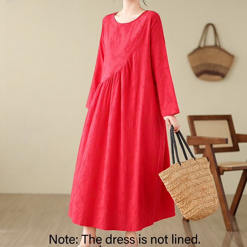 Nimara Ritual Plain Jacquard Flower Irregular Long Sleeve Cotton Linen Midi Dress With Pockets