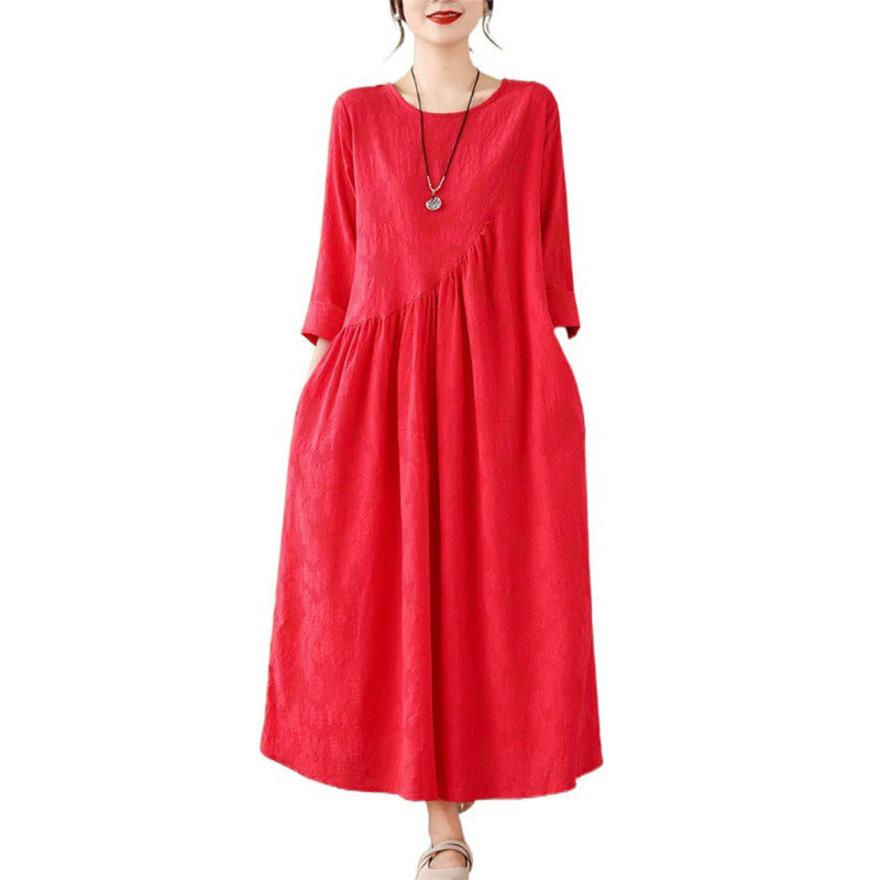 Nimara Ritual Plain Jacquard Flower Irregular Long Sleeve Cotton Linen Midi Dress With Pockets