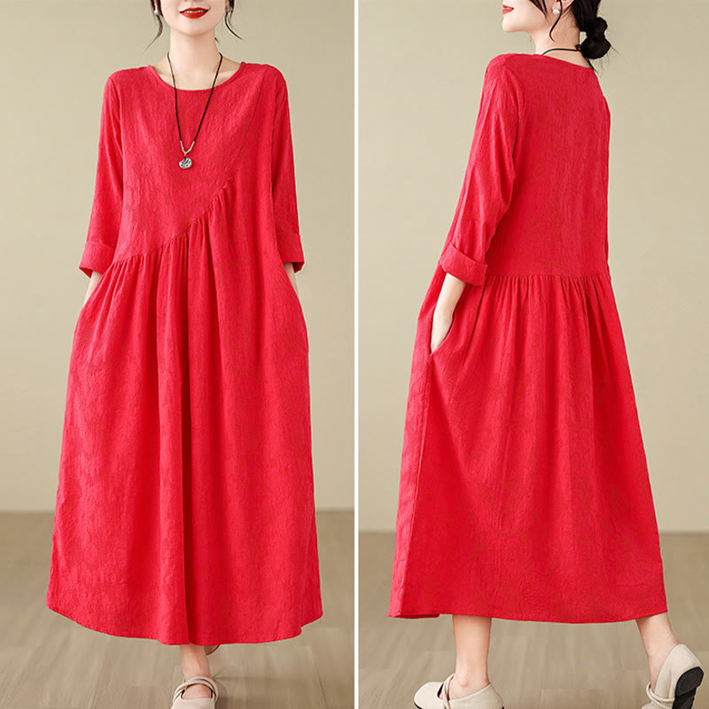 Nimara Ritual Plain Jacquard Flower Irregular Long Sleeve Cotton Linen Midi Dress With Pockets