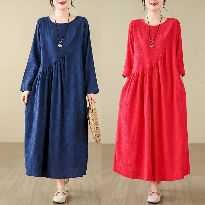 Nimara Ritual Plain Jacquard Flower Irregular Long Sleeve Cotton Linen Midi Dress With Pockets