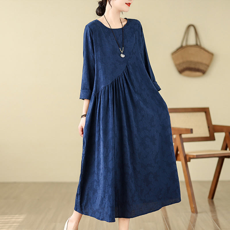 Nimara Ritual Plain Jacquard Flower Irregular Long Sleeve Cotton Linen Midi Dress With Pockets