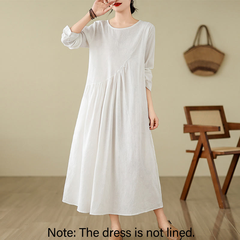 Nimara Ritual Plain Jacquard Flower Irregular Long Sleeve Cotton Linen Midi Dress With Pockets