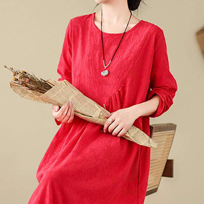 Nimara Ritual Plain Jacquard Flower Irregular Long Sleeve Cotton Linen Midi Dress With Pockets