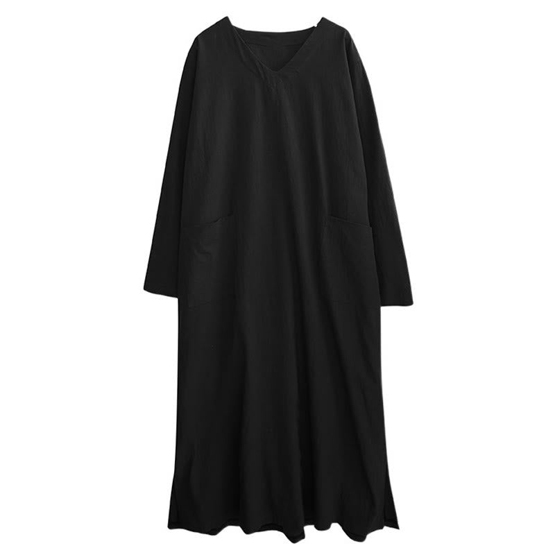 Nimara Ritual Fall Casual Simple Design Long Sleeve Cotton Linen Maxi Dress With Pockets