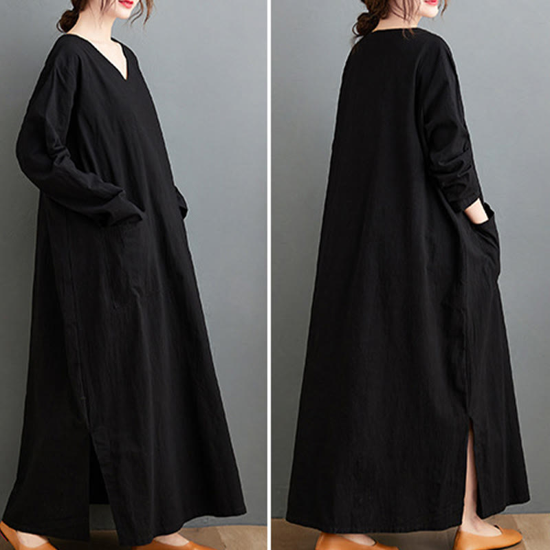 Nimara Ritual Fall Casual Simple Design Long Sleeve Cotton Linen Maxi Dress With Pockets